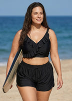 Plus Size Black With Frill Details Modest Elegant Bikini Swimsuit Top