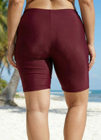 Plus Size Dark Red High Waist Knee Length Swim Shorts Beach Bottom