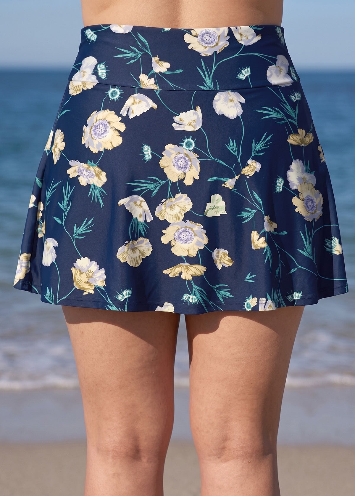 Navy Floral Print High Waist Flattering Curvy Flare Slim Fit Swim Bottom
