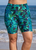 Plus Size Green Leaf Print High Waist Knee Length Slim Fit Women's Swimsuit Bottom