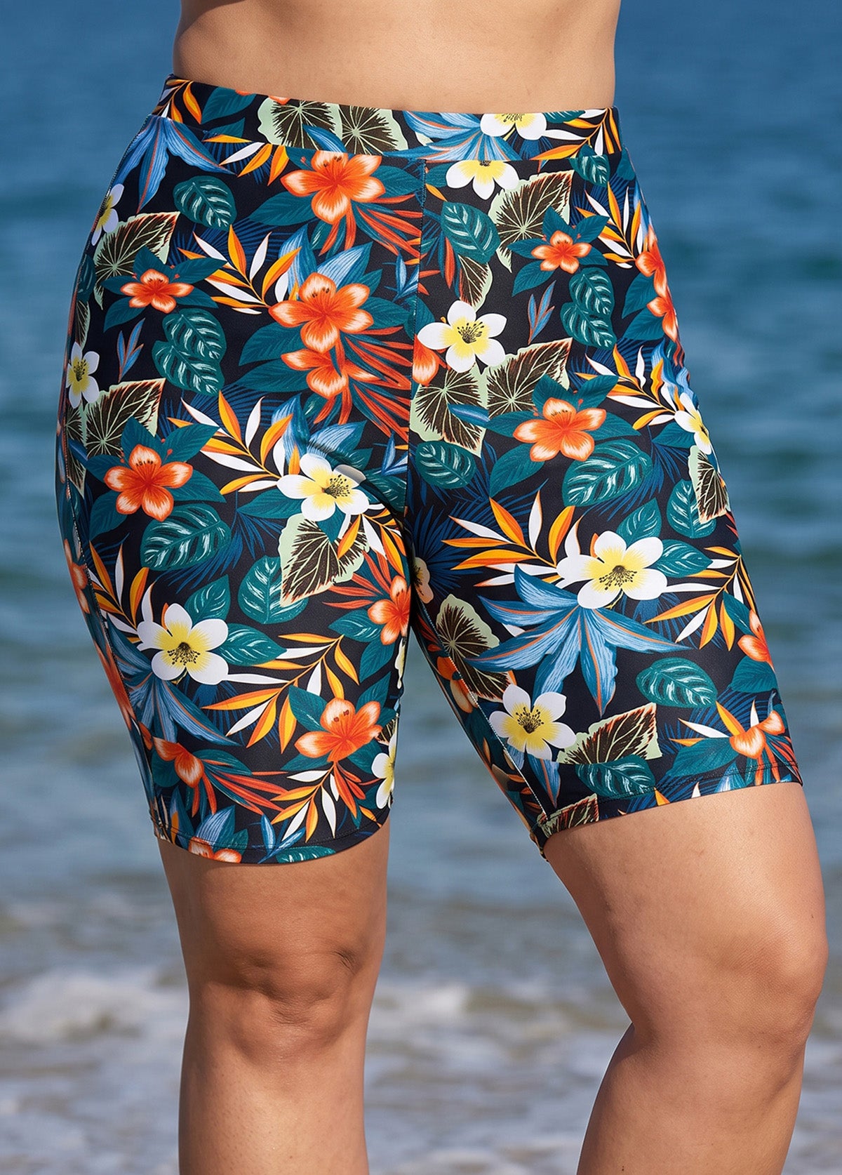 Green Tropical Floral High Waist Knee Length Slim Fit Curvy Women's Swimsuit Bottom