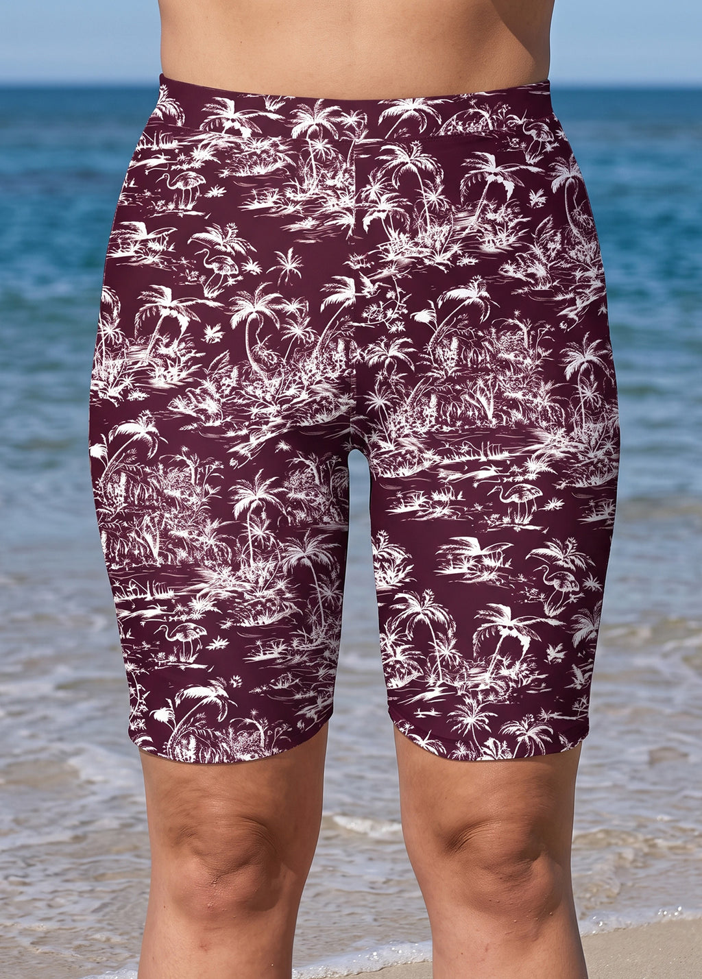 Plus Size Red Palm Print High Waist Knee Length Slim Fit Women's Swimsuit Bottom
