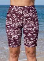 Plus Size Red Palm Print High Waist Knee Length Slim Fit Women's Swimsuit Bottom