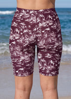 Plus Size Red Palm Print High Waist Knee Length Slim Fit Women's Swimsuit Bottom