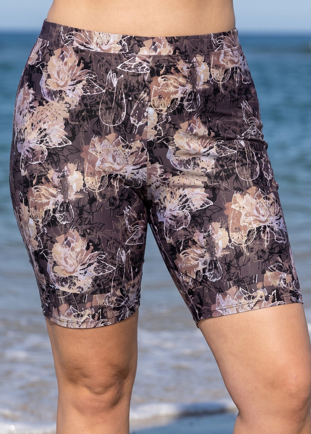 Plus Size Purple Floral Print High Waist Knee Length Slim Fit Swimsuit Bottom