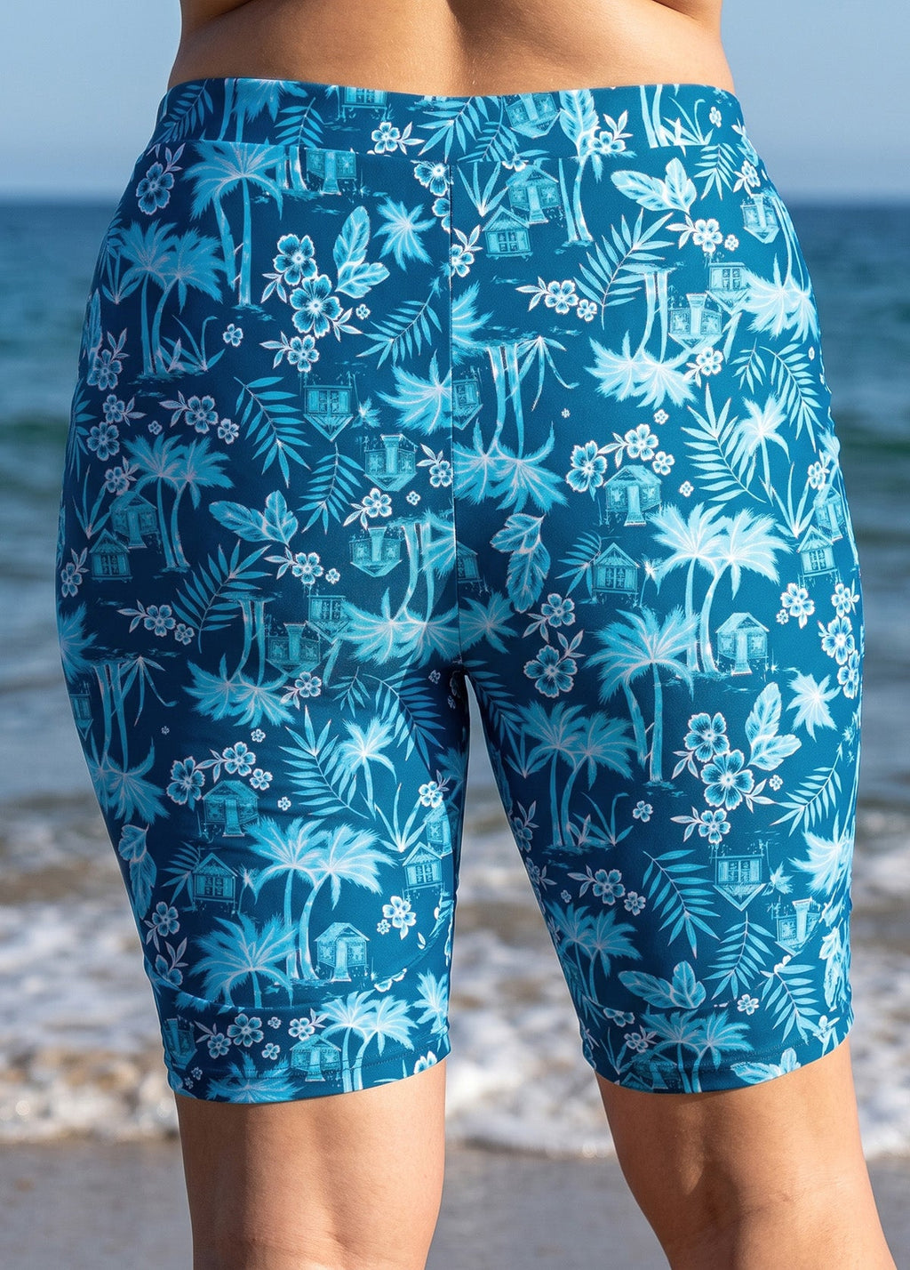 Curvy Blue Leaf Tropical Print High Waist Knee Length Slim Fit Swimsuit Bottom