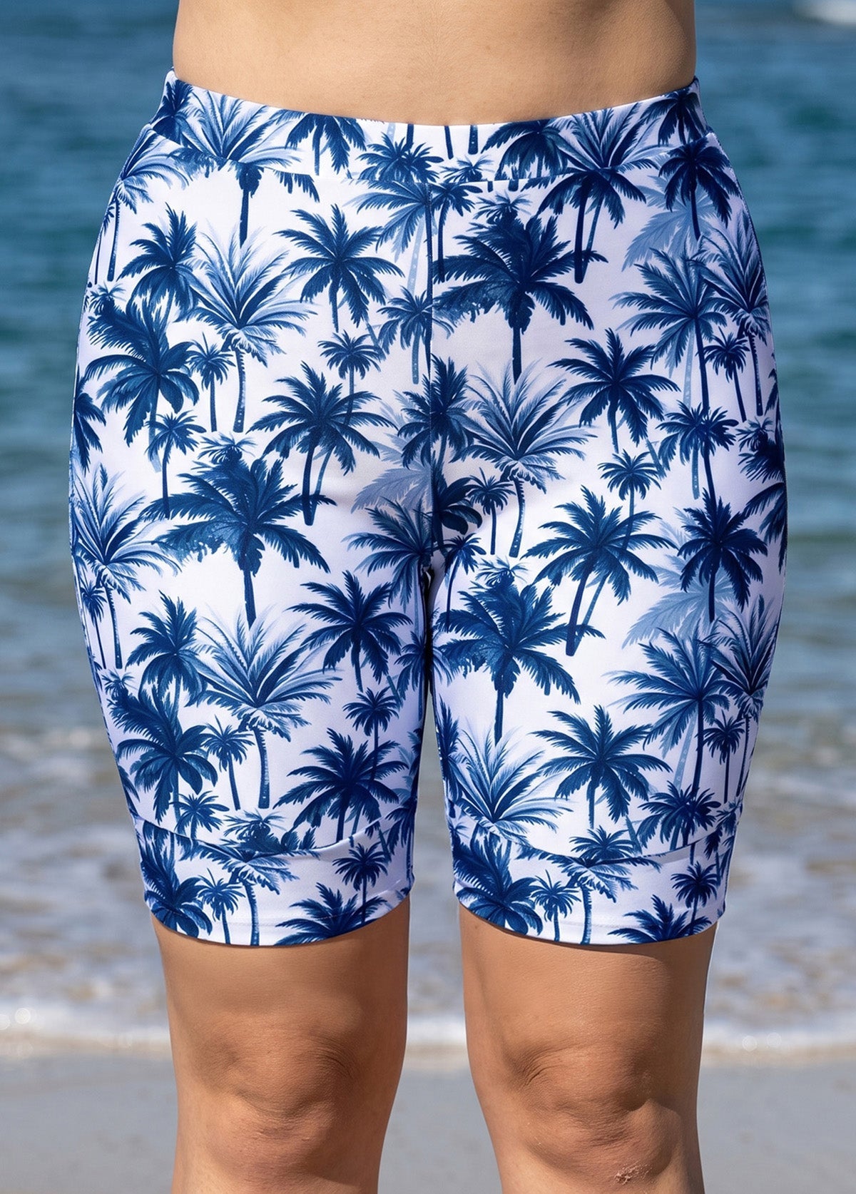 Plus Size Navy Palm Tree Print High Waist Knee Length Slim Fit Swimsuit Bottom
