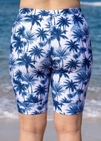 Plus Size Navy Palm Tree Print High Waist Knee Length Slim Fit Swimsuit Bottom