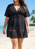 Black Fashionable Plus Size Hollow Out Short Sleeve Cover Up