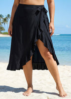 Black Plus Size Holiday Casual Ruffle Trim Tie Wrap Cover Up Skirt