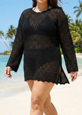 Curvy Black Hollow Crochet Knit Long Sleeves Beach Cover Ups Top