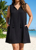 Curvy Black Split Neckline Gauze Swimsuit Cover Up Shift Dress