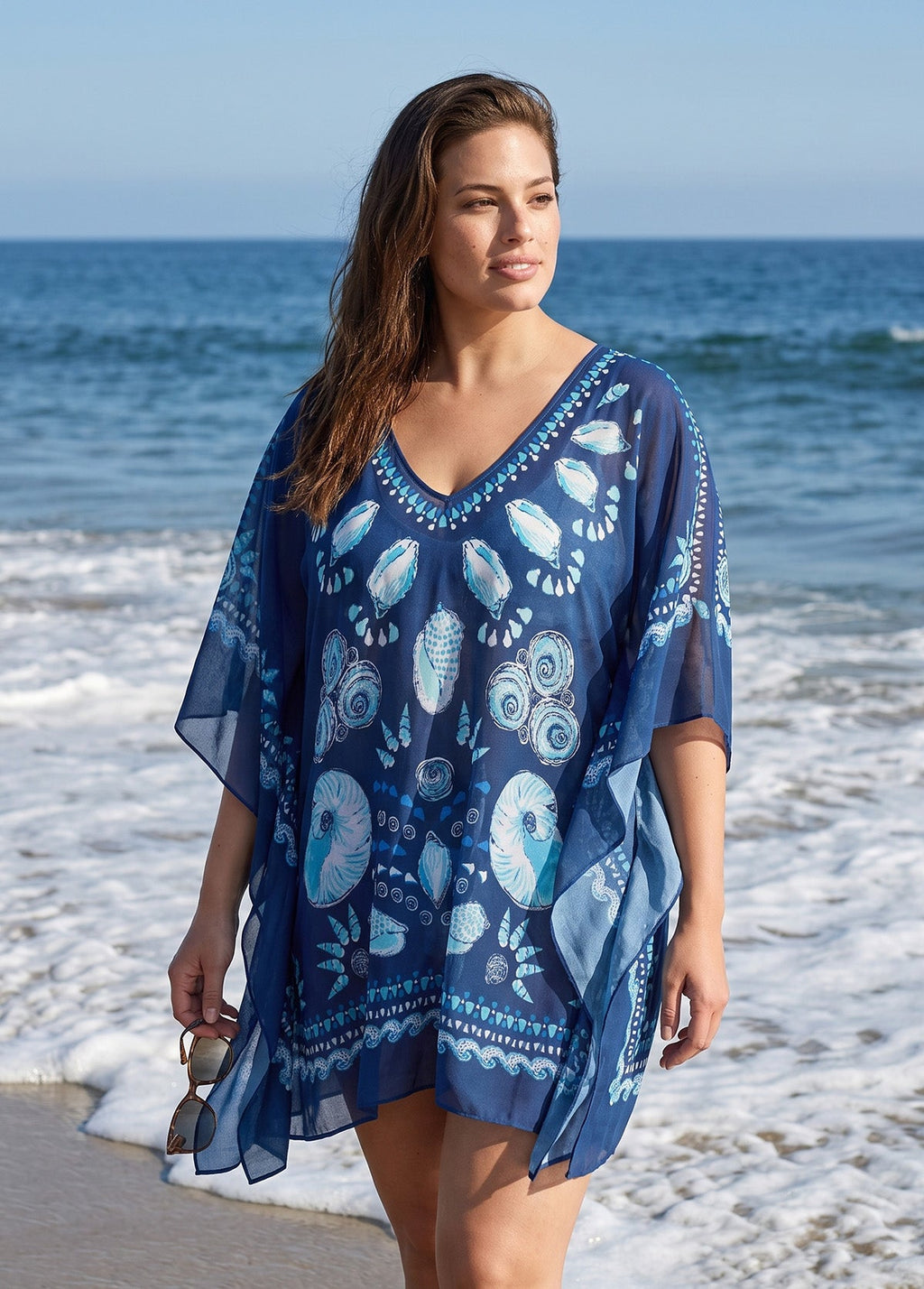 Plus Size Black White Ikat Geometric Print V Neck Short Sleeves Women Swim Cover Up Dress