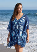 Plus Size Black White Ikat Geometric Print V Neck Short Sleeves Women Swim Cover Up Dress