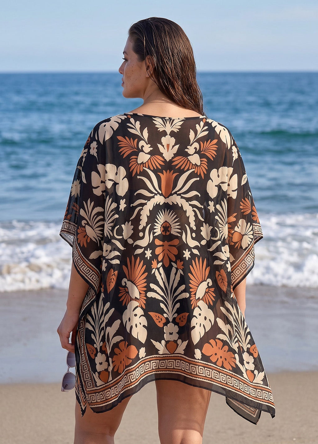 Plus Size Tropical Floral Leaf Print V Neck Batwing Sleeve Swim Cover Up Dress