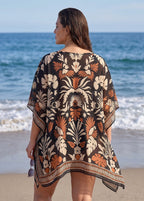 Plus Size Tropical Floral Leaf Print V Neck Batwing Sleeve Swim Cover Up Dress