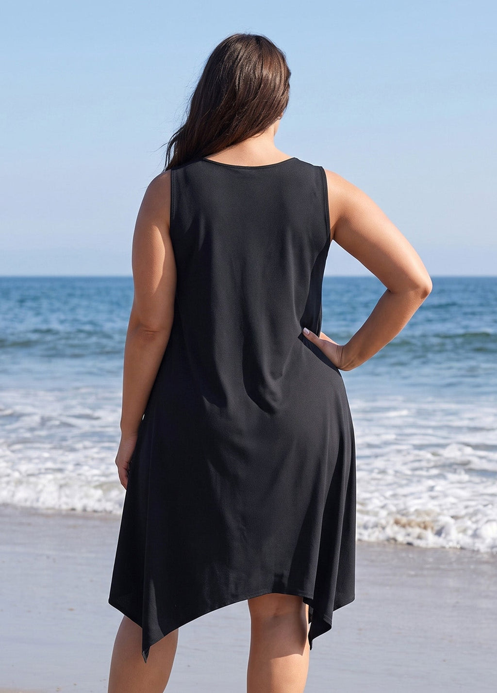 Plus Size Solid Black Scoop Neck Sharktail Beach Cover Up