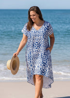 Plus Size V-Neck Pockets Blue And White High Low Geometric Cover Up
