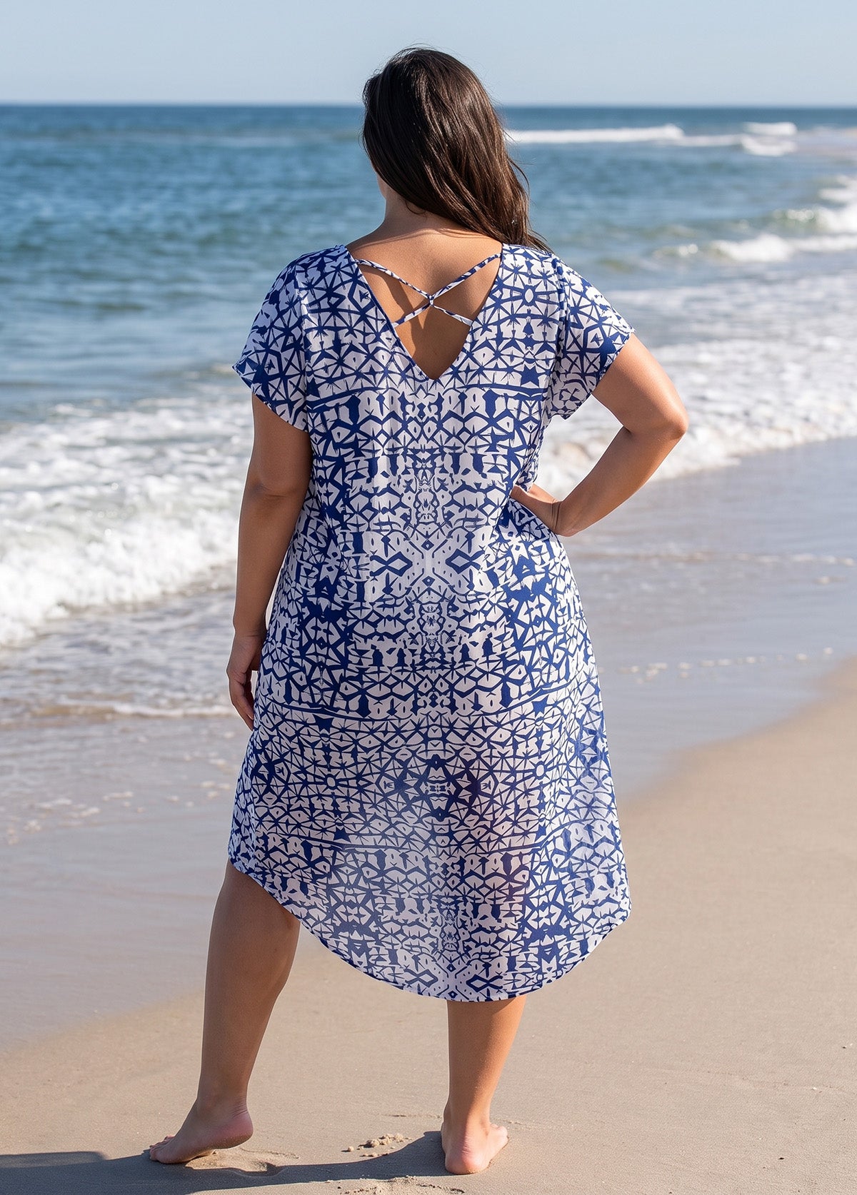 Plus Size V-Neck Pockets Blue And White High Low Geometric Cover Up