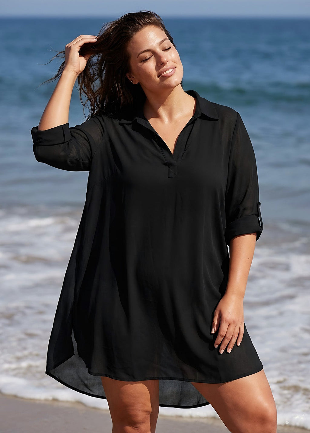 Plus Size Black V-neck Side Split Cover Up Shirt Beach Dress