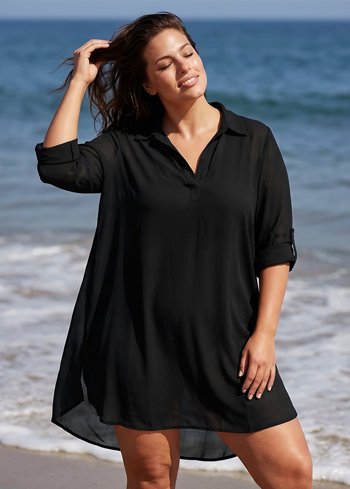 Plus Size Black V-neck Side Split Cover Up Shirt Beach Dress