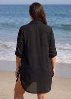 Plus Size Black V-neck Side Split Cover Up Shirt Beach Dress