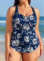 Navy Floral Sweetheart Neck Sarong Front Modest Plus Size One Piece Swimsuit