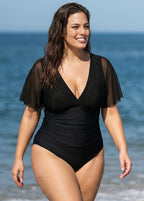 Black V Neck Mesh Flutter Sleeves One Piece Swimsuit