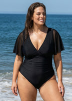 Black V Neck Mesh Flutter Sleeves One Piece Swimsuit