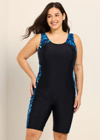 Black Cyan Gradient Pattern Tummy Control Plus Size Swimsuit One Piece Swim Romper