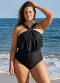 Black Square Cut Hardware One Piece Swimsuit