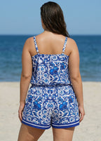Plus Size Blue Floral Print High Neck Flattering Pocket Swimsuit One Piece Swim Romper