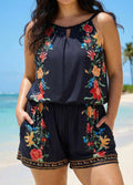 Plus Size Black Tropical Floral Keyhole Neck Modest Pocket Swimsuit One Piece Swim Romper