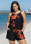 Curvy Red Tropical Floral Keyhole Neck Modest Pocket Women's Swimsuit One Piece Swim Romper