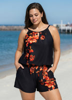 Curvy Red Tropical Floral Keyhole Neck Modest Pocket Women's Swimsuit One Piece Swim Romper