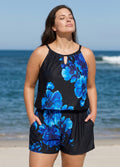 Blue Floral High Neck Flattering Pocket Plus Size Women's Swimsuit One Piece Swim Romper