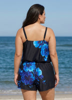 Blue Floral High Neck Flattering Pocket Plus Size Women's Swimsuit One Piece Swim Romper