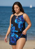 Blue Floral High Neck Flattering Pocket Plus Size Women's Swimsuit One Piece Swim Romper