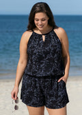 Plus Size Black Floral High Neck Vintage Pocket Women's Swimsuit One Piece Swim Romper