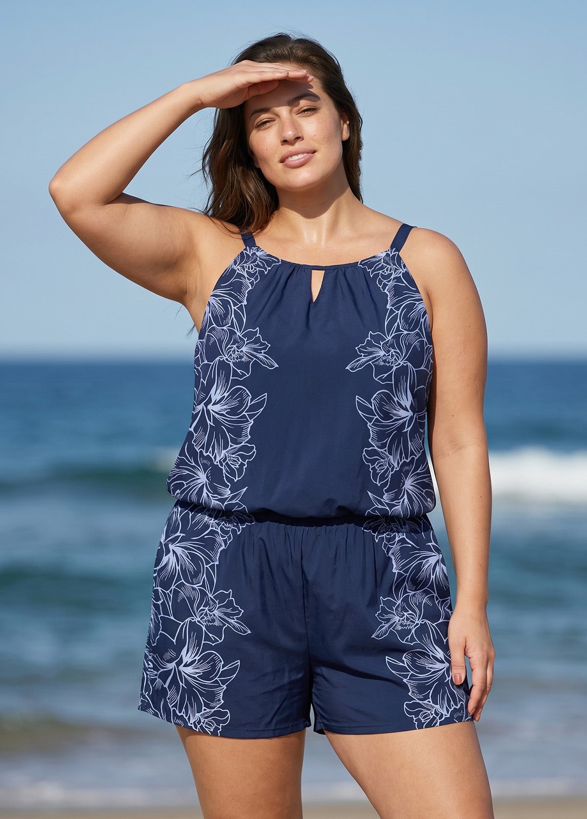 Curvy Navy Floral High Neck Vintage Pocket Women's Swimsuit One Piece Swim Romper