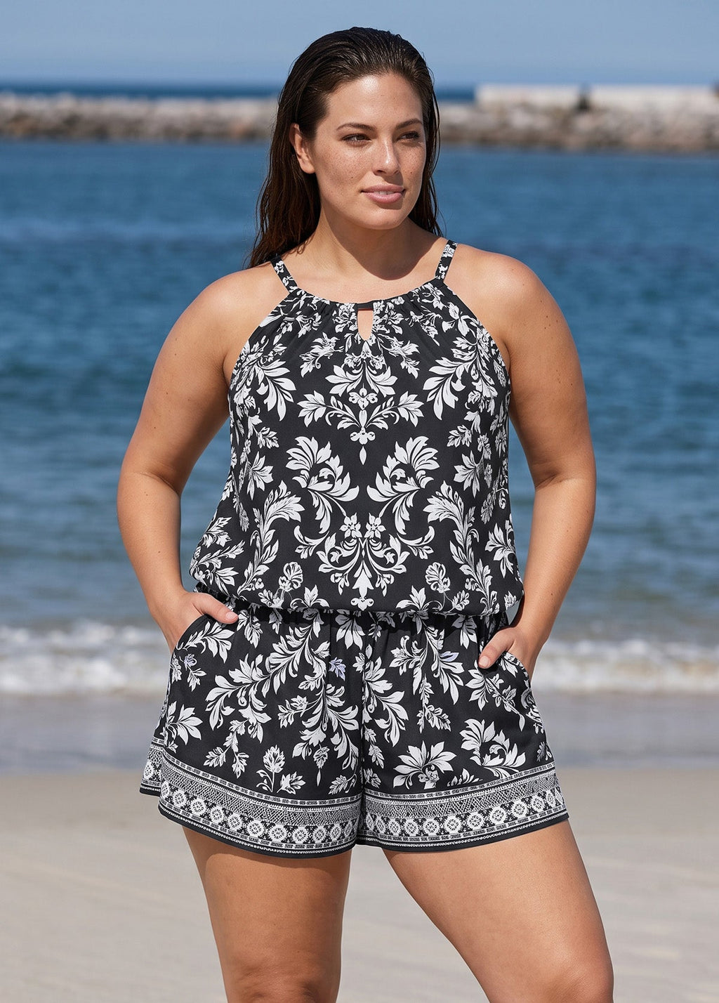 Curvy Black Floral High Neck Keyhole Cutout Modest Pocket Women's One Piece Swim Romper