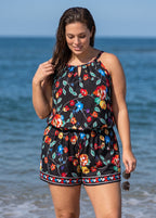 Black Bright Floral High Neck Keyhole Cutout Vintage Pocket Curvy Women's One Piece Swim Romper