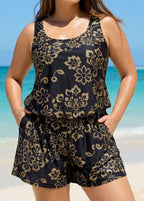 Black Print Wide Strap Pocket Plus Size One Piece Swimsuit Swim Romper