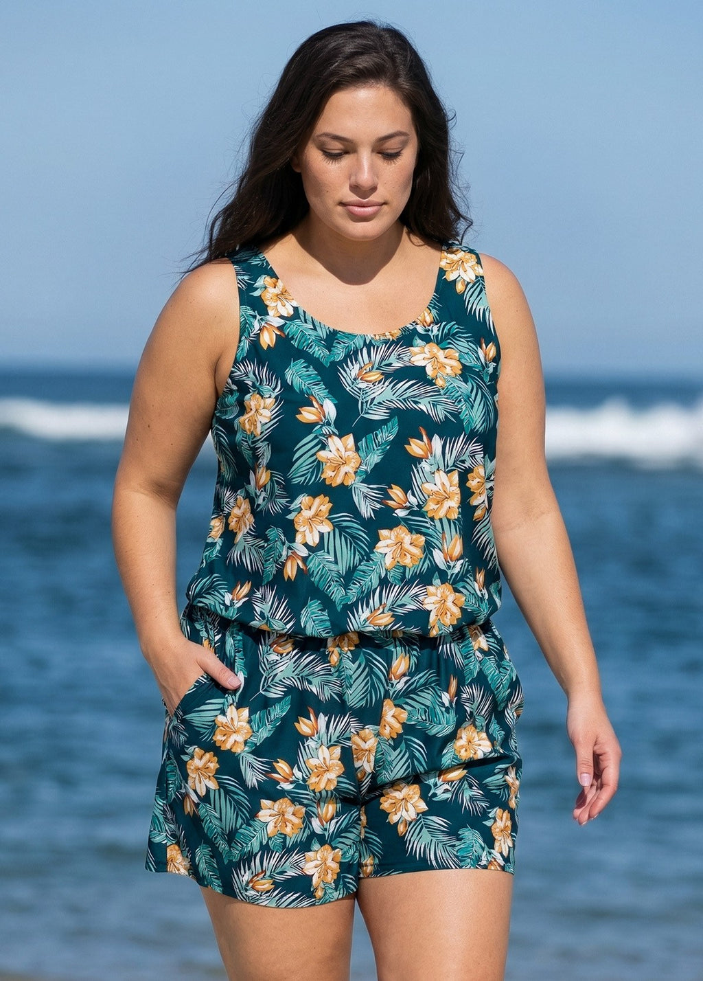Green Swimming Costume Tropical Floral Scoop Neck Wide Strap Pocket Plus Size Swim Romper