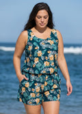 Green Swimming Costume Tropical Floral Scoop Neck Wide Strap Pocket Plus Size Swim Romper