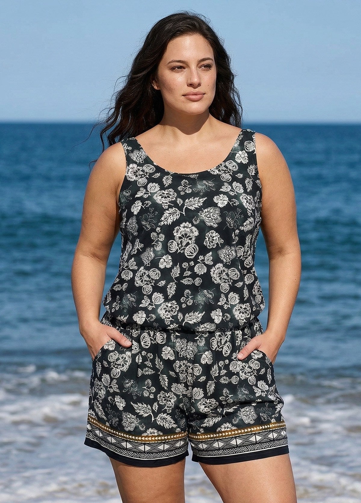 Black Vintage Floral Vintage Wide Straps Pocket Plus Size Swimsuit One Piece Swim Romper