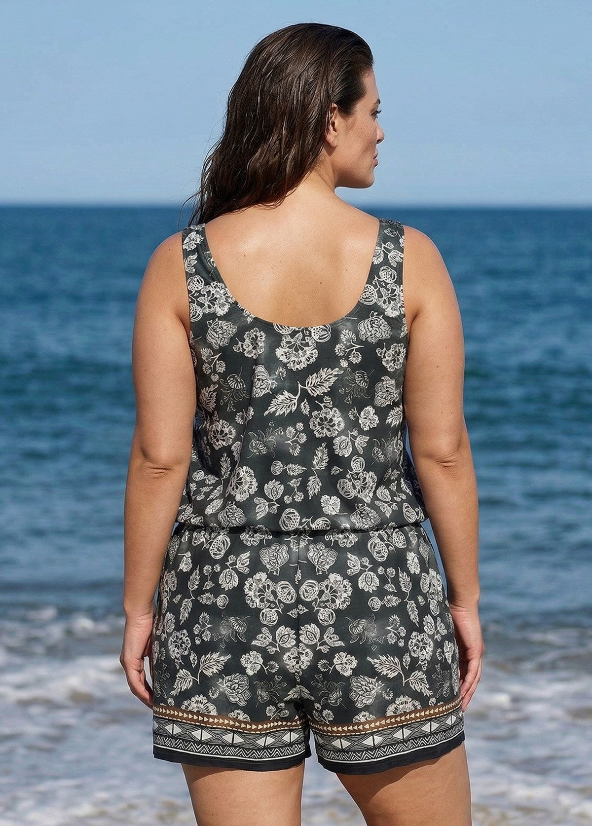 Black Vintage Floral Vintage Wide Straps Pocket Plus Size Swimsuit One Piece Swim Romper