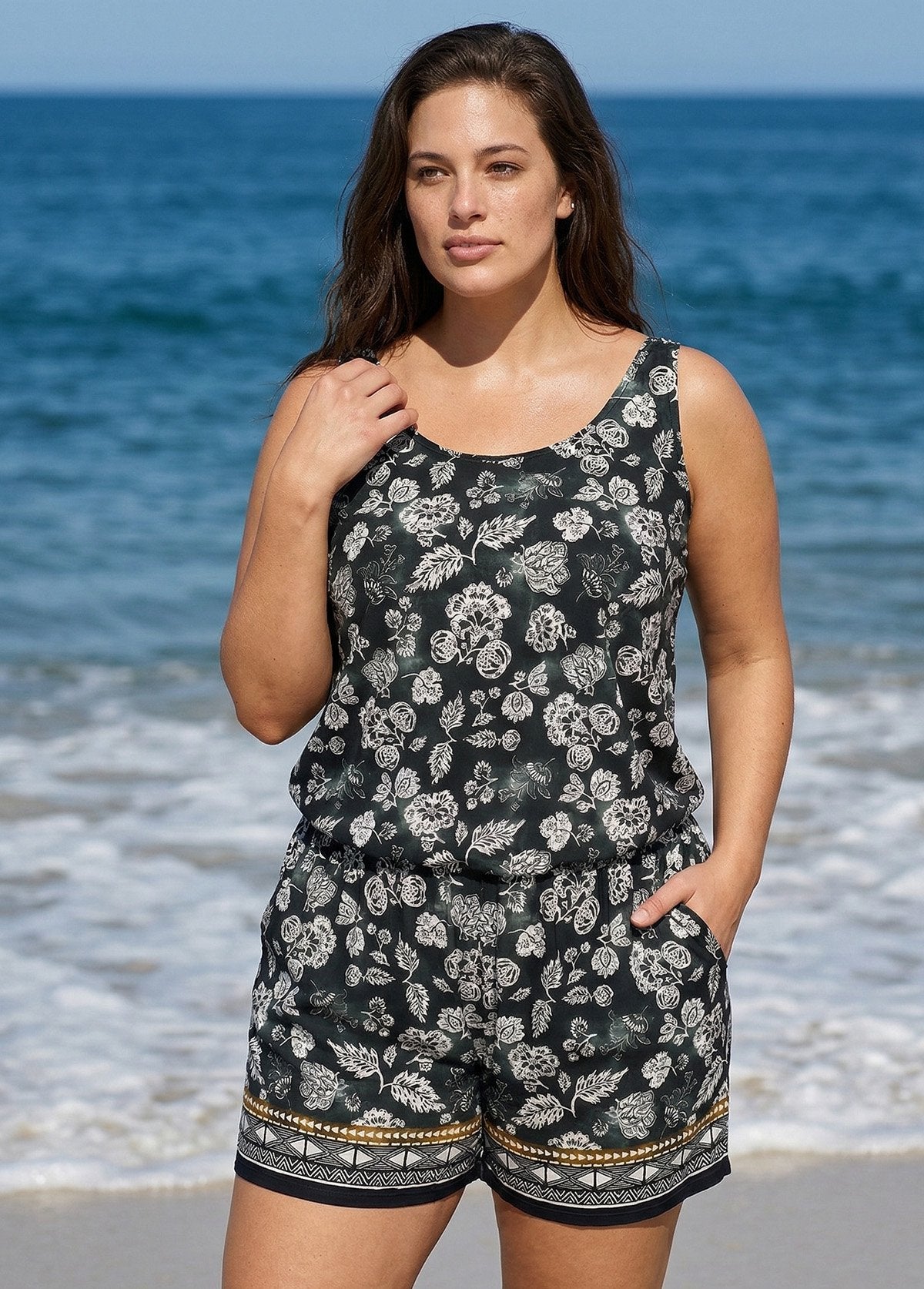 Black Vintage Floral Vintage Wide Straps Pocket Plus Size Swimsuit One Piece Swim Romper