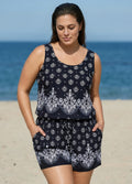 Baroque Pattern Print Vintage Wide Straps Pocket Curvy Swimsuit One Piece Swim Romper