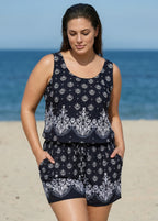 Baroque Pattern Print Vintage Wide Straps Pocket Curvy Swimsuit One Piece Swim Romper
